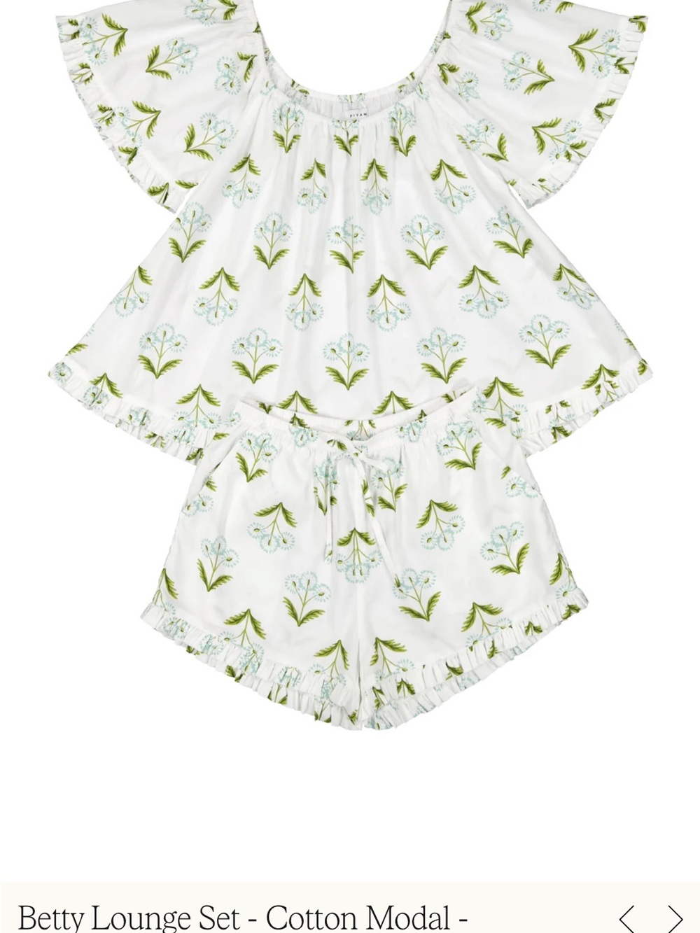 Betty Cotton-Modal Lounge Set in White with Green Floral Print